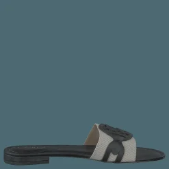 Lauren Ralph Lauren Alegra Canvas-Leather Slide Sandal Natural / Black Svart New