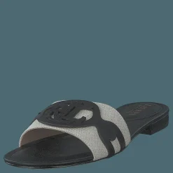 Lauren Ralph Lauren Alegra Canvas-Leather Slide Sandal Natural / Black Svart New
