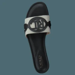 Lauren Ralph Lauren Alegra Canvas-Leather Slide Sandal Natural / Black Svart New