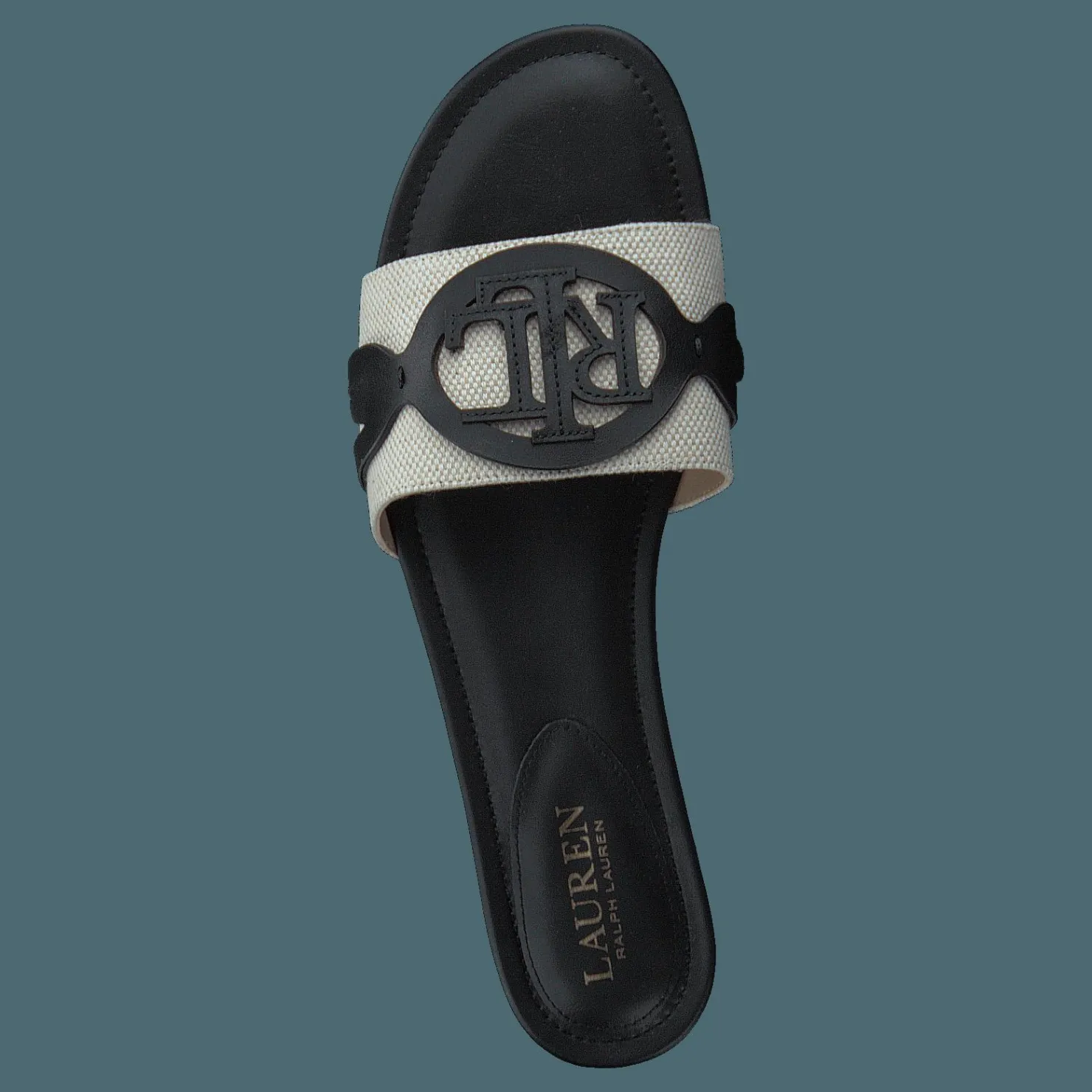 Lauren Ralph Lauren Alegra Canvas-Leather Slide Sandal Natural / Black Svart New